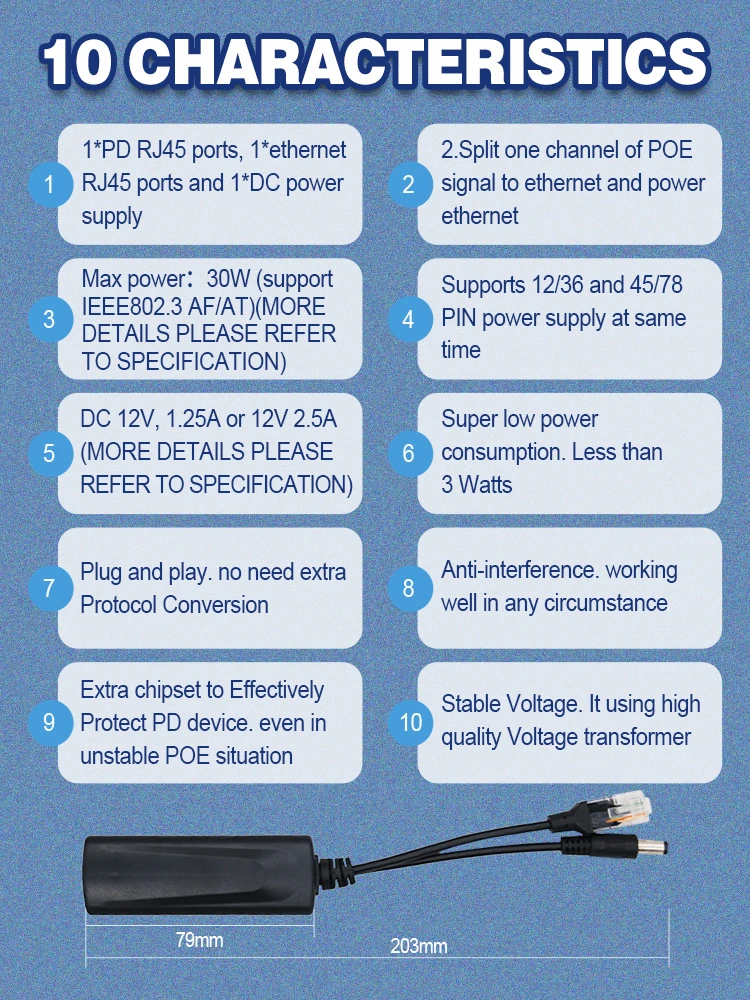 스위치 포트용 기가비트 POE 분배기, CCTV IP 카메라, 48V ~ 12V, 2.5A, 30W, 15W, Gibabit, 1000mbps, RJ45 to DC 공급 전원 분배기