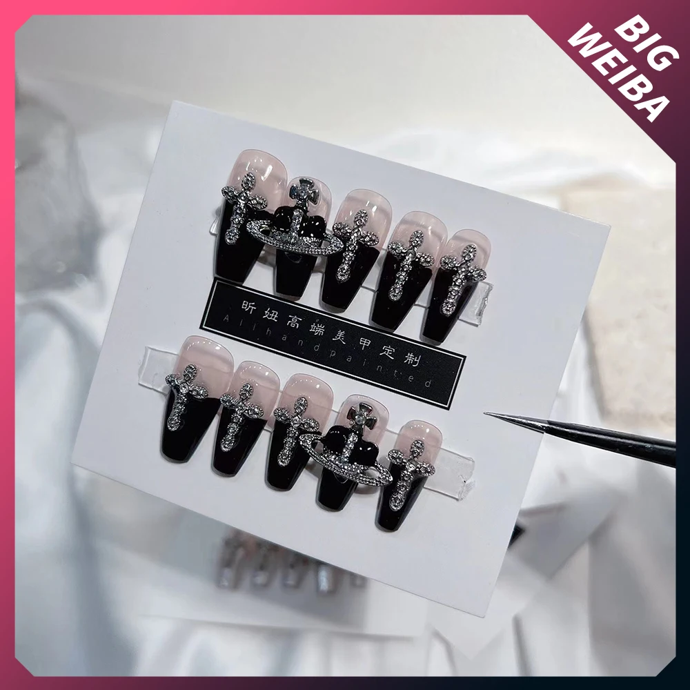 DIY 프렌치 발레리나 가짜 손톱, 귀여운 핑크 웨딩 나비 매듭, 다이아몬드 긴 관 스틸레토 손톱, 풀 커버 네일 팁