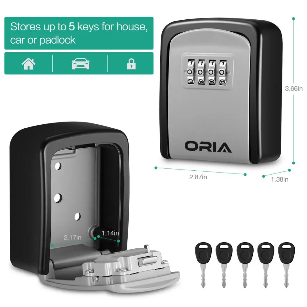 ORIA-암호 키 박스 장식 키 코드 박스, 벽걸이 암호 상자 야외 키 안전 잠금 상자 회색