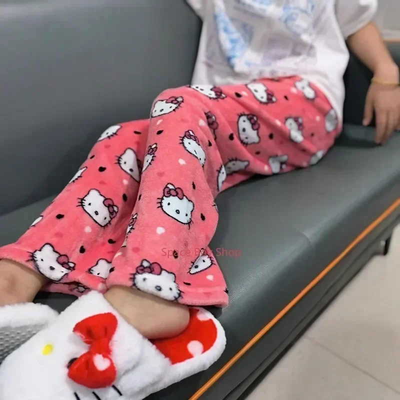 헬로 키티 파자마 바지, 산리오 애니메이션 플리스, 더블 탄성 원단, 부드러운 여성 바지, 카와이 만화 생일 선물, 신제품