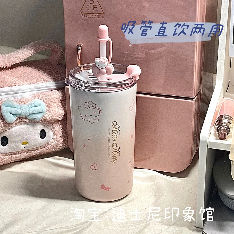 산리오 카와이 헬로키티 물컵 학생 만화 애니메이션 480ML 휴대용 빨대 직접 음료 보온병 컵 사무실 커피 컵 선물