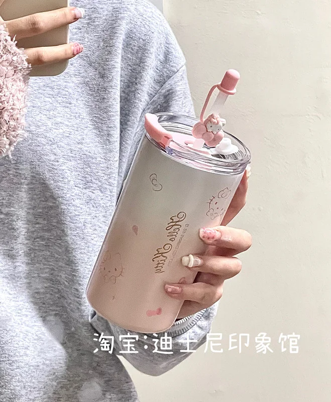 산리오 카와이 헬로키티 물컵 학생 만화 애니메이션 480ML 휴대용 빨대 직접 음료 보온병 컵 사무실 커피 컵 선물