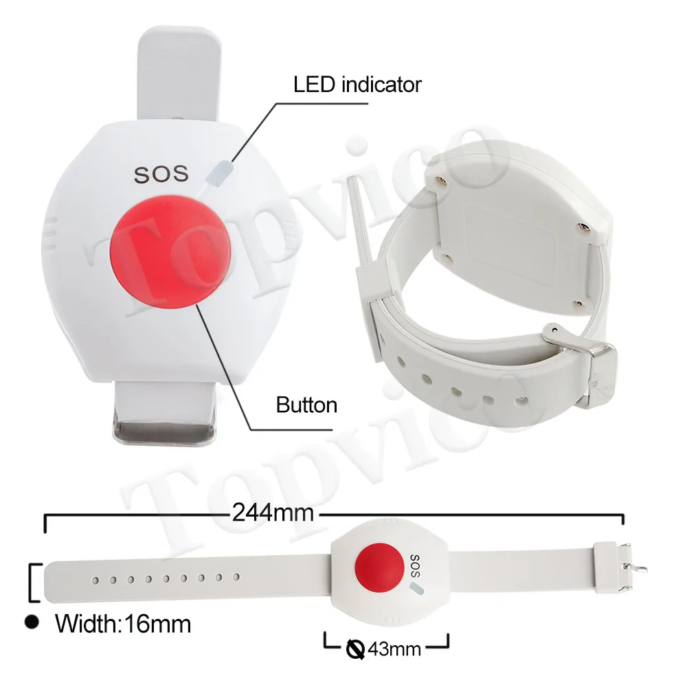 Topvico 노인용 홈 보안 경보 시스템, 패닉 단추, RF 433mhz SOS 비상 단추 알람 시계 팔찌, 1 개, 2 개