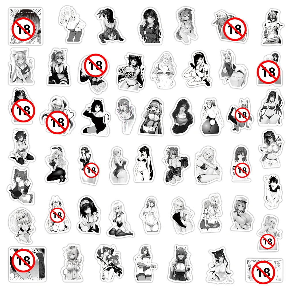 성인용 애니메이션 섹시한 소녀 헨타이 스티커, 블랙 화이트 그래피티 데칼, DIY 여행 가방, 전화 노트북 자동차, 와이프 스티커 장난감, 10 개, 30 개, 50 개