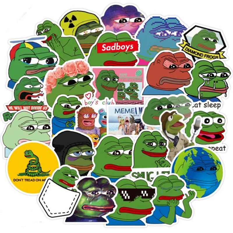 스케이트 보드 헬멧용 재미있는 개구리 PEPE 그래피티 밈 스티커, 선물 상자, 자전거 컴퓨터 노트북 자동차, 어린이 장난감, 10 30 50 개