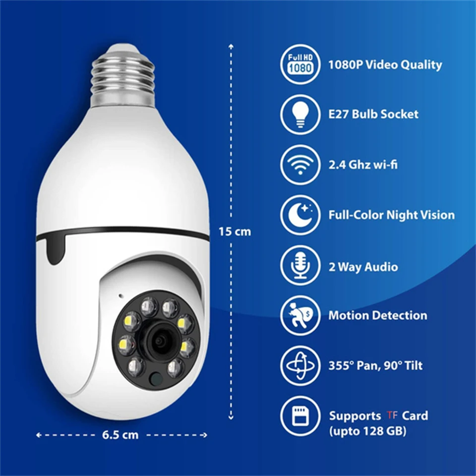 5MP Tuya Ycc365 E27 벌브 감시 카메라 와이파이 나이트 비전 풀 컬러 자동 인간 트랙 4x 줌 비디오 실내 보안 모니터