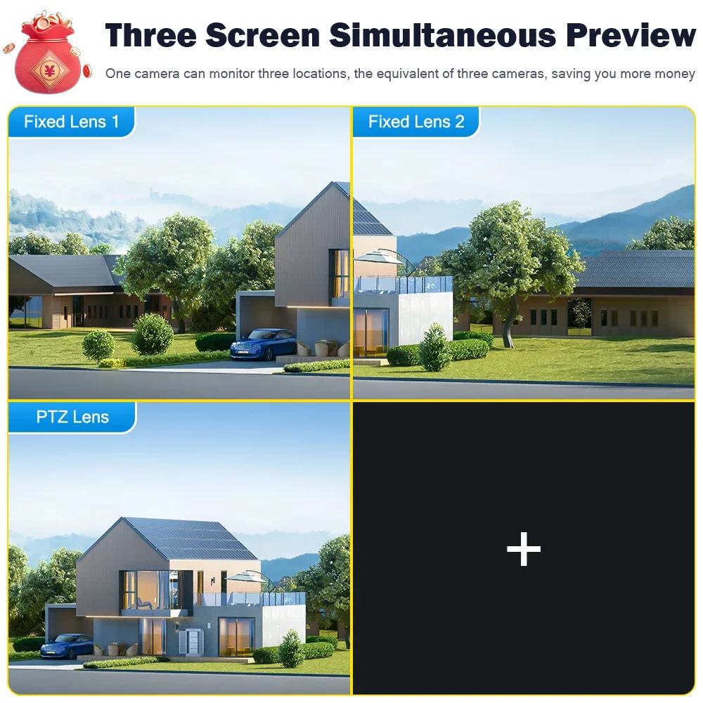 Legendsafe 야외용 와이파이 IP 카메라, 12MP HD, 6K, 자동 추적, PTZ, 3 렌즈, 3 화면, 방수, 와이파이, 보안 비디오 카메라