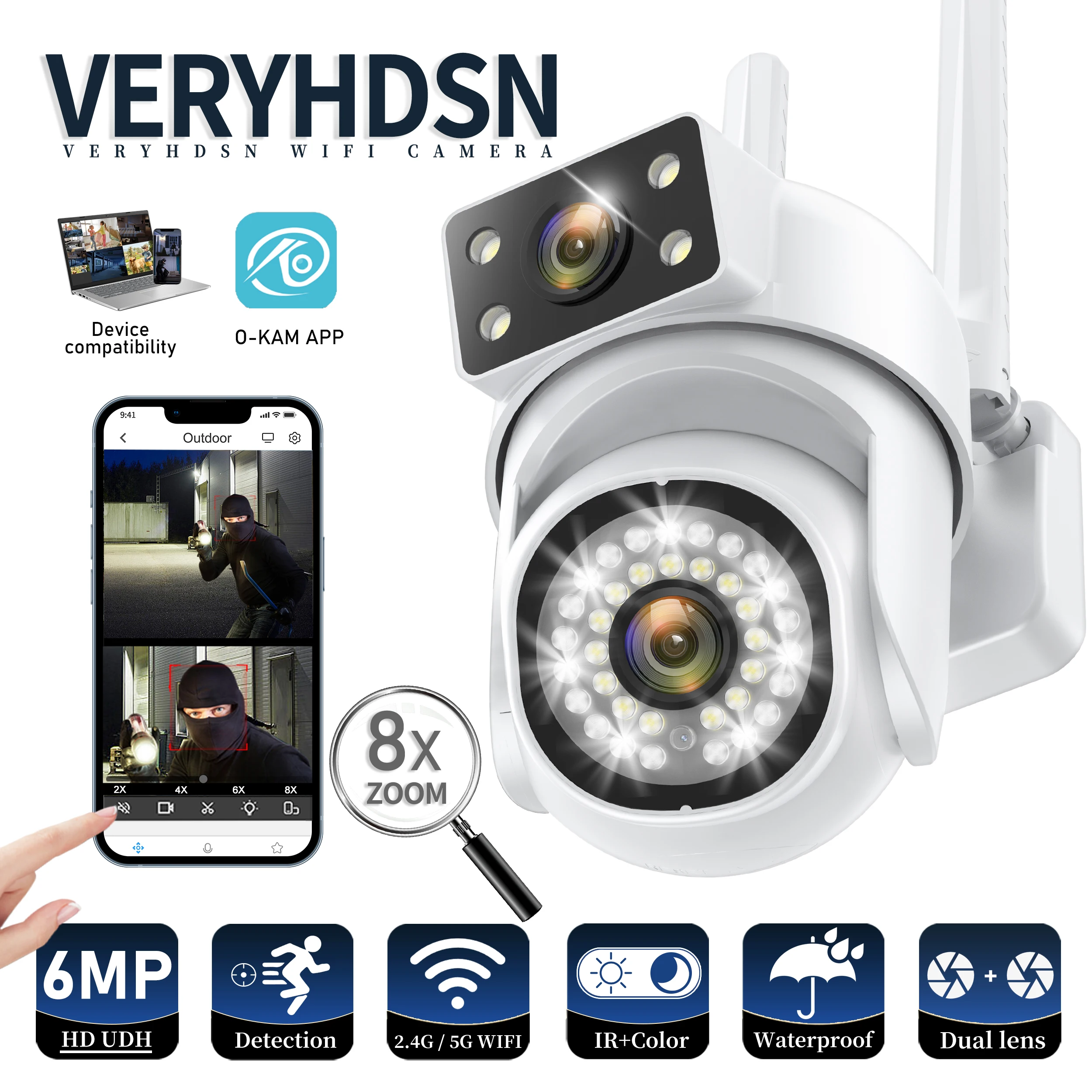 VERYHDSN HD PTZ 감시 카메라, 와이파이 듀얼 렌즈, 인간 감지 카메라, 야외 보안 방수, 풀 컬러 야간 투시경, 6MP