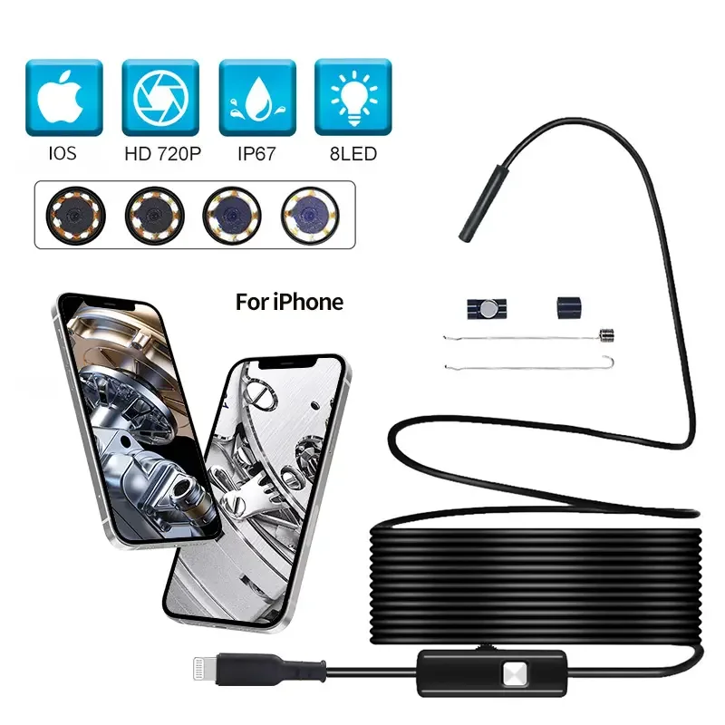 IOS용 내시경 검사 스네이크 카메라, IOS용 8mm 720P 보어스코프, IP67 방수 반강성 케이블, 8 LED title=IOS용 내시경 검사 스네이크 카메라, IOS용 8mm 720P 보어스코프, IP67 방수 반강성 케이블, 8 LED 