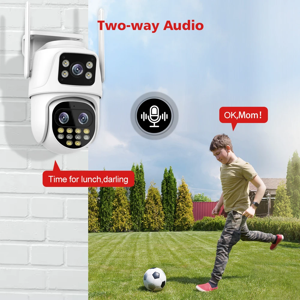 야외 와이파이 감시 카메라, PTZ 9MP, 3 렌즈, 8X 디지털 줌, AI 자동 추적 휴머노이드 감지, 4MP 보안 카메라