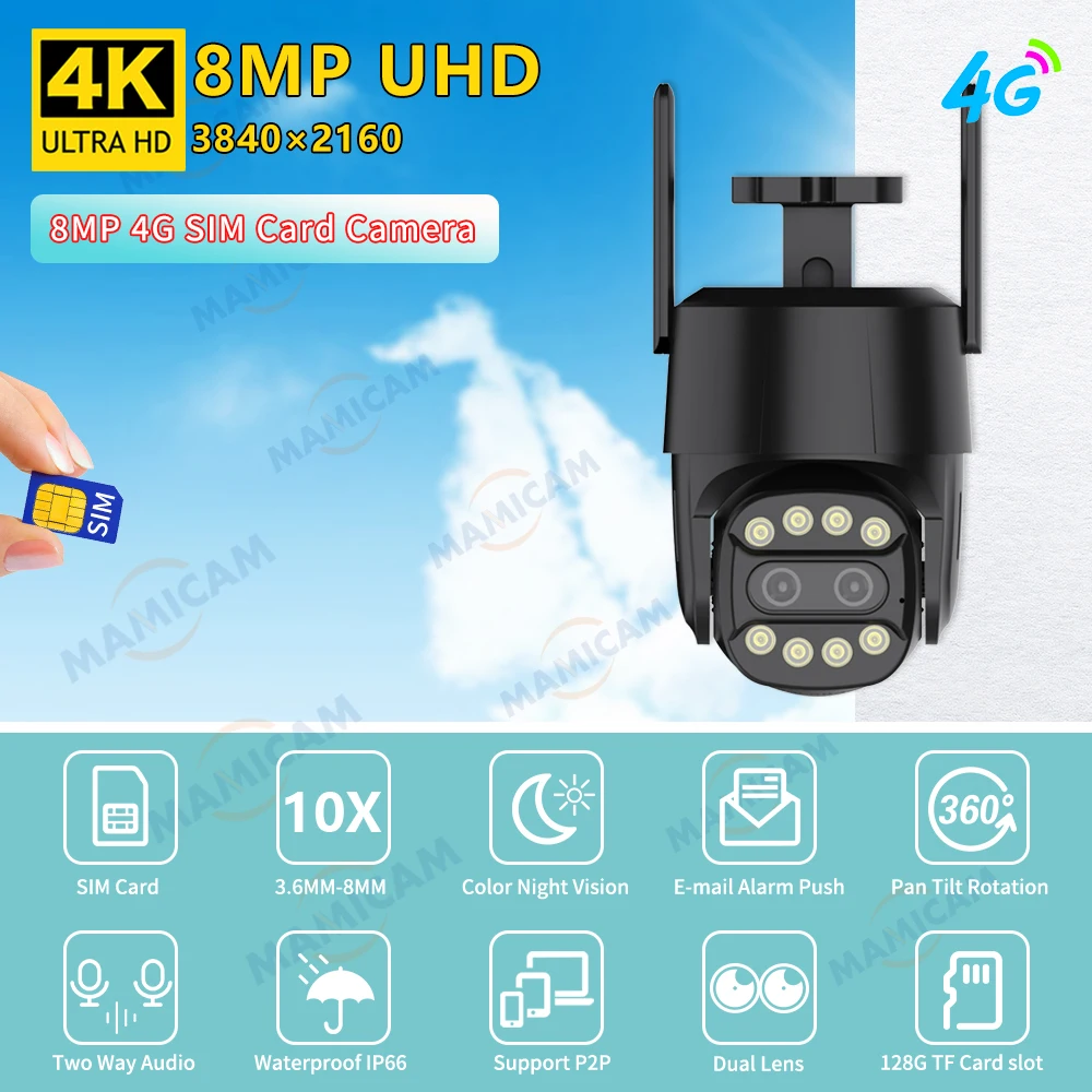 야외용 듀얼 렌즈 감시 카메라, 자동 추적 Camhipro, 4K, 8MP, 와이파이, 4G 심카드, 4MP, HD, PTZ, CCTV 비디오, 3.6mm-8mm