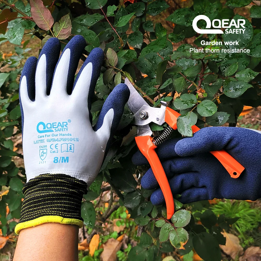 QearSafety 정원 작업 장갑, 완전 라텍스 코팅, 완전 더러움, 진흙, 방수, 팜 샌디 라텍스, 미끄럼 방지, 가시 저항