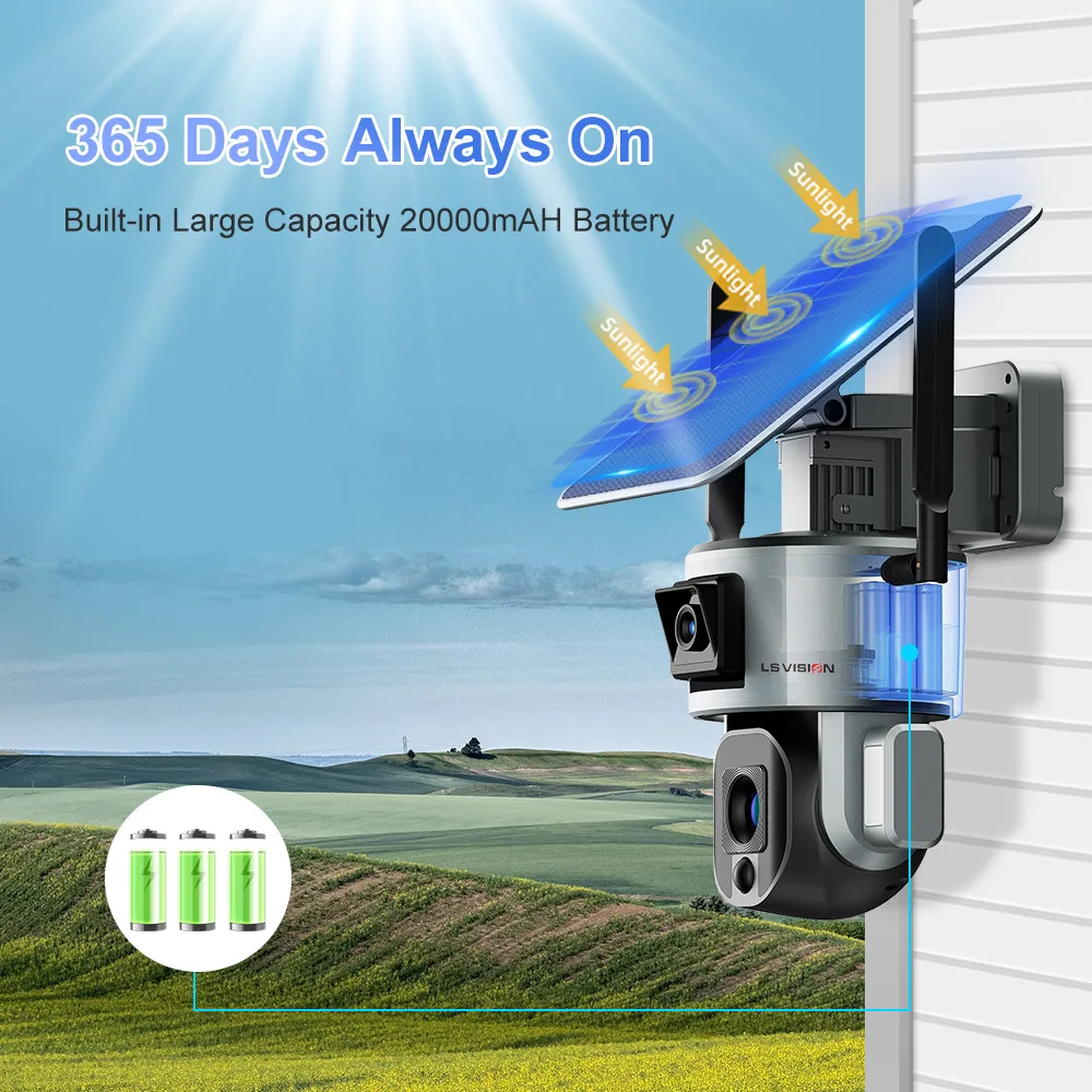 LS VISION 듀얼 렌즈 태양광 카메라, 4K, 8MP, 10X, 4X 줌, 4G SIM, 와이파이 보안 야외 카메라, 휴머노이드 컬러 추적, 야간 투시 캠