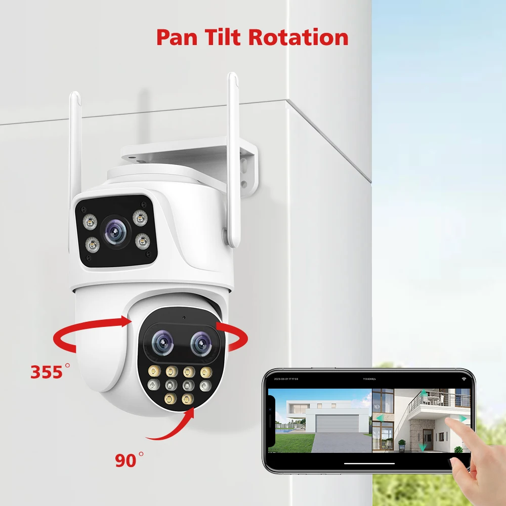 야외 와이파이 감시 카메라, PTZ 9MP, 3 렌즈, 8X 디지털 줌, AI 자동 추적 휴머노이드 감지, 4MP 보안 카메라