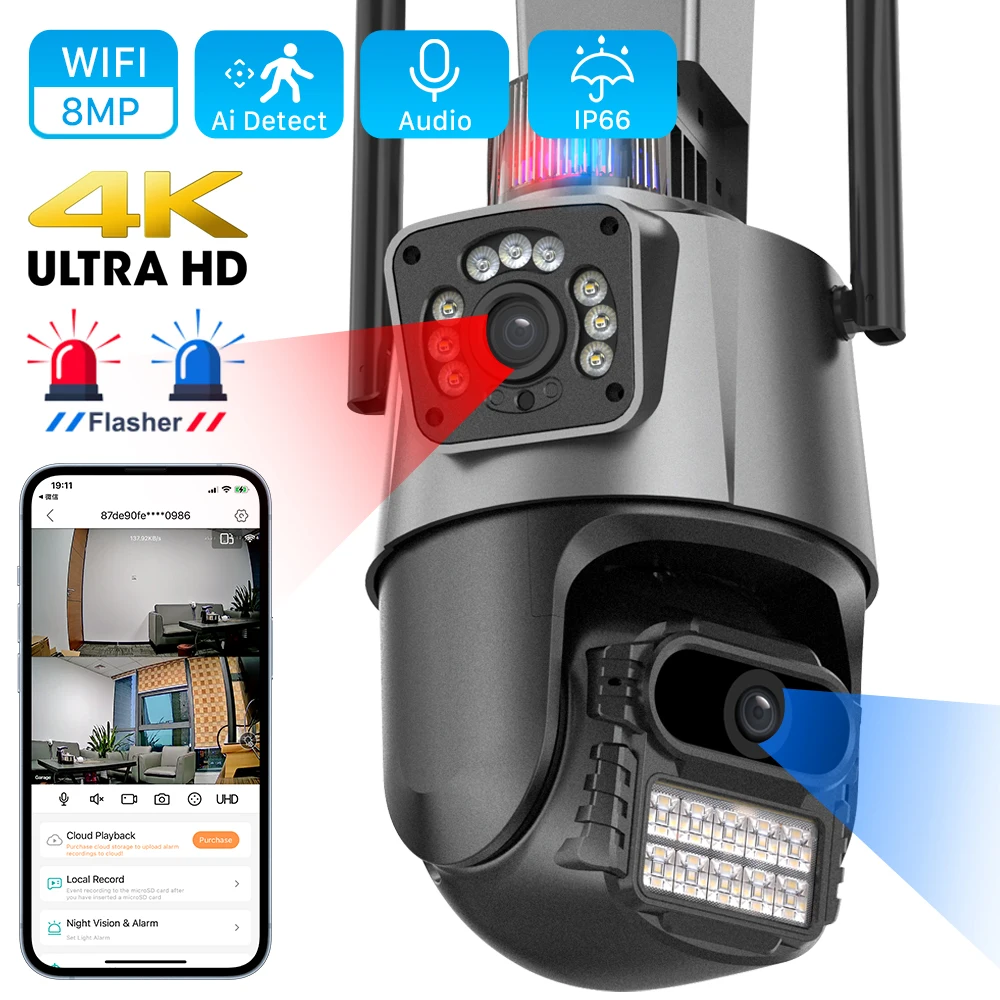 방수 보안 CCTV 비디오 감시 카메라, 4K 와이파이 카메라, 듀얼 렌즈, AI 자동 추적, 경찰 조명, 알람 IP 카메라, 8MP title=방수 보안 CCTV 비디오 감시 카메라, 4K 와이파이 카메라, 듀얼 렌즈, AI 자동 추적, 경찰 조명, 알람 IP 카메라, 8MP 