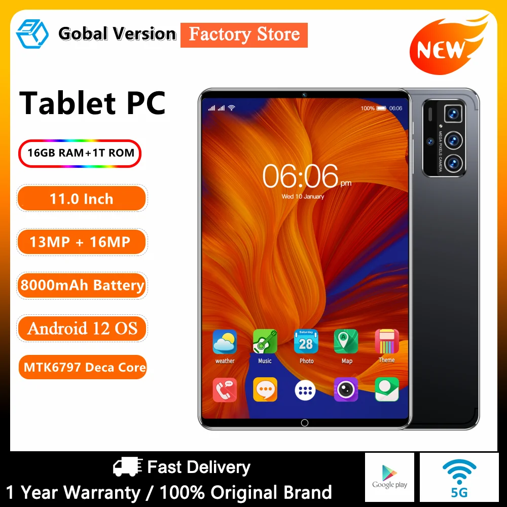 2023 오리지널 11 인치 태블릿, 안드로이드 12, 16GB, 1T 듀얼 SIM, 5G 전화 통화, 10 코어 WPS, GPS, 블루투스 네트워크, GPS, WPS 태블릿 PC, 신제품 title=2023 오리지널 11 인치 태블릿, 안드로이드 12, 16GB, 1T 듀얼 SIM, 5G 전화 통화, 10 코어 WPS, GPS, 블루투스 네트워크, GPS, WPS 태블릿 PC, 신제품 