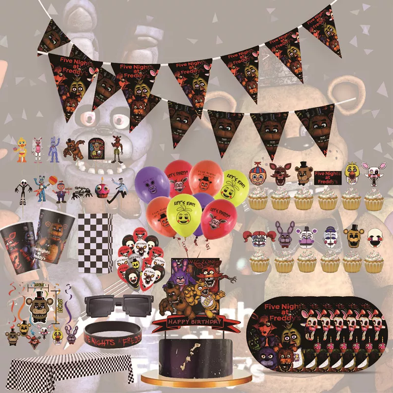 FNAF 5 박 생일 파티 장식 풍선 일회용 식기 접시 냅킨 배경, 어린이 파티 용품 선물 title=FNAF 5 박 생일 파티 장식 풍선 일회용 식기 접시 냅킨 배경, 어린이 파티 용품 선물 