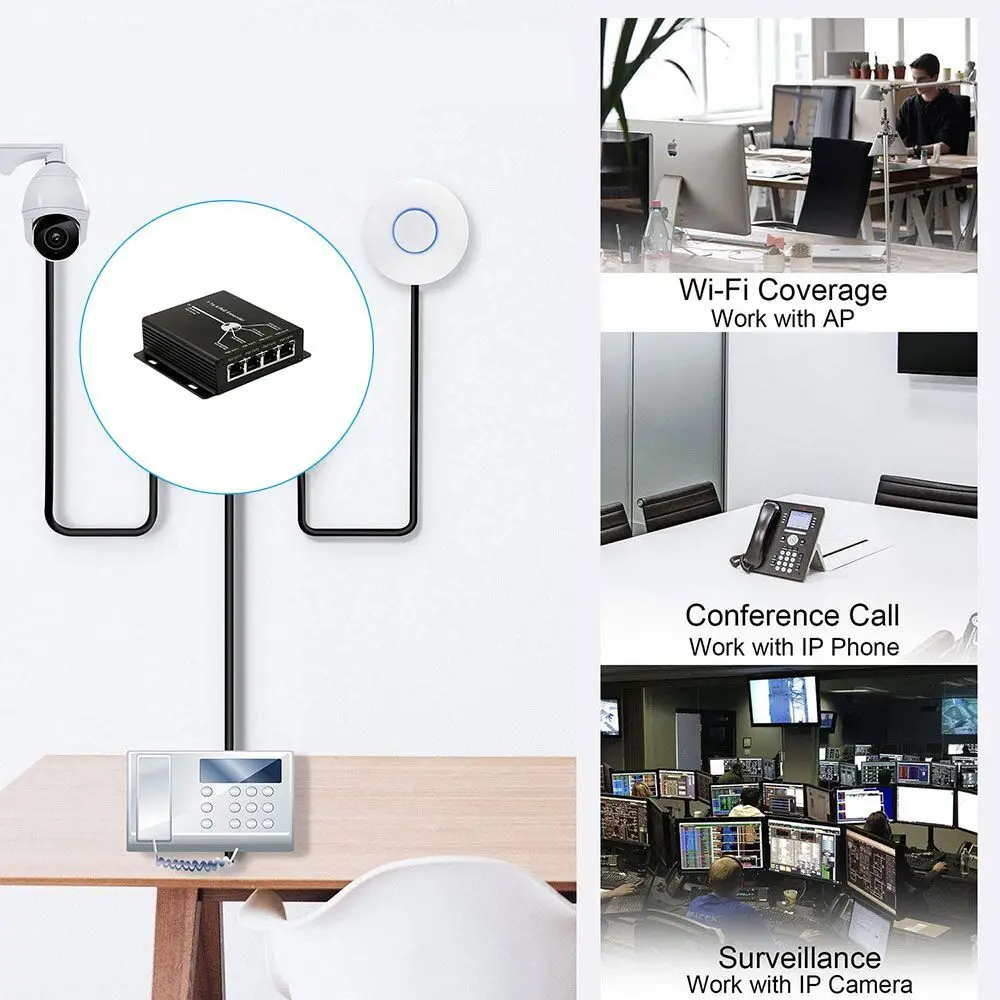 플러그 앤 플레이 미니 POE 확장기, 120 미터 확장, IEEE 802.3af POE 네트워크 장치, 10, 100M, 4 포트, 25.5W