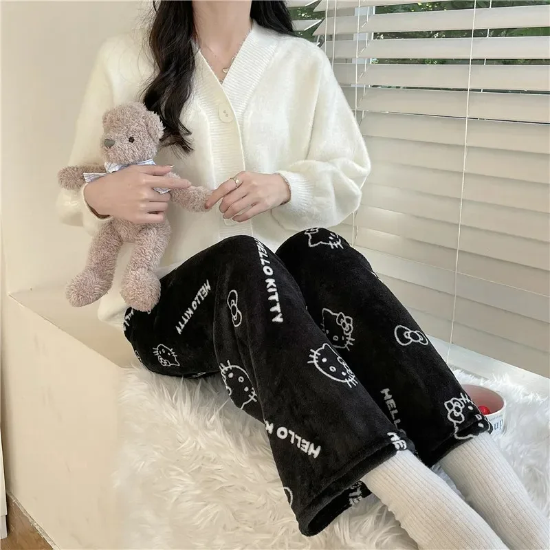 헬로 키티 플란넬 잠옷 귀여운 여성 따뜻한 모직 산리오 만화 캐주얼 홈 바지, 가을 겨울 패션 바지