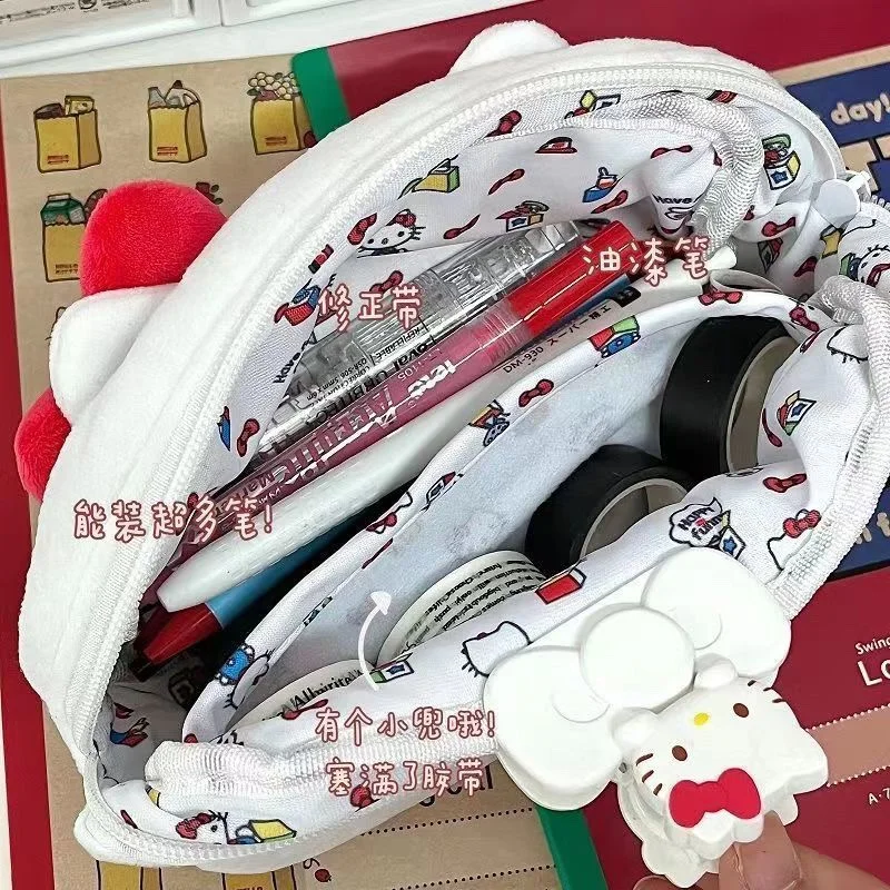 Sanrio-일본 만화 헬로 키티 연필 케이스, 대용량 푹신하고 심플한 귀여운 학생 연필 가방