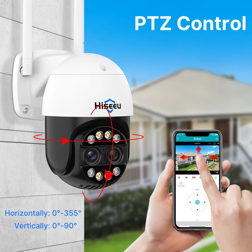 Hiseeu 듀얼 렌즈 와이파이 PTZ IP 카메라, CCTV 비디오 감시 카메라, 컬러 야간 투시경, 인간 감지 캠, 4K, 8MP, 2.8 + 12mm, 8Xzoom
