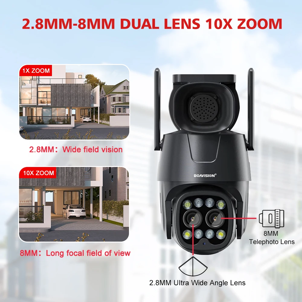 IP 카메라 와이파이/4G Sim 카드 PTZ HD 4MP 8MP 듀얼 렌즈 2.8mm-8mm 10배 줌, 야외 AI 사람 추적 컬러 야간 투시경 오디오 보안 카메라