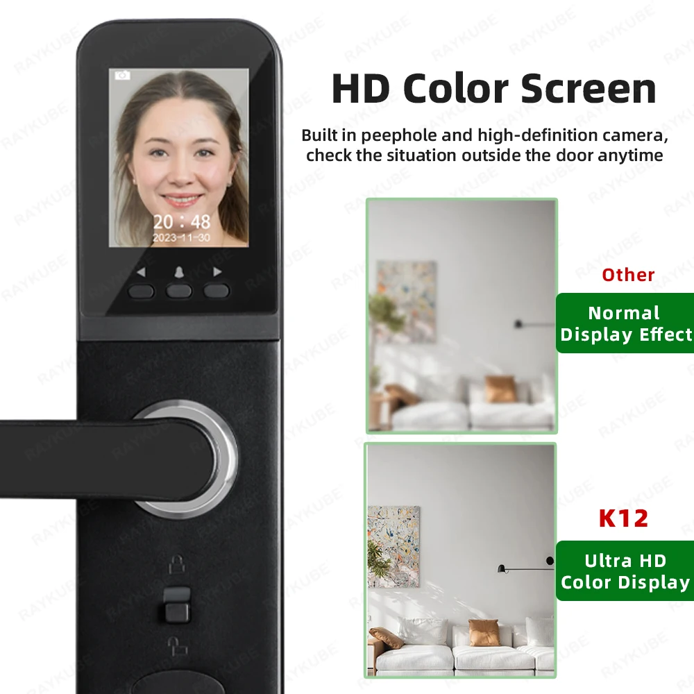 RAYKUBE K12 투야 와이파이 카메라 전자 잠금 장치, 3D 얼굴 인식 지문 스마트 문짝 잠금, 화면 충전식 배터리 포함