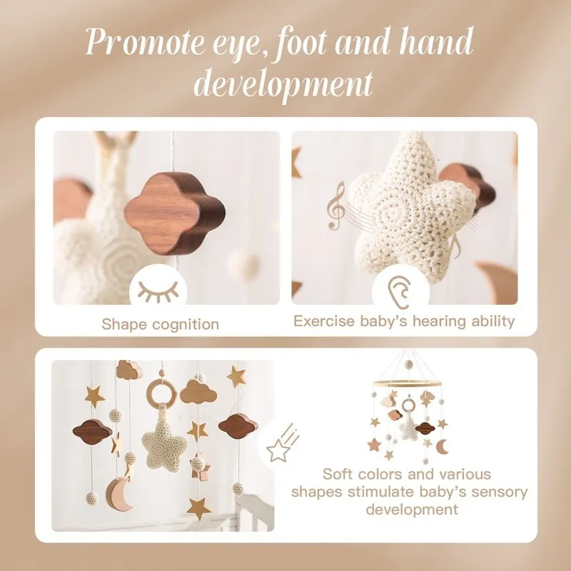 아기 딸랑이 장난감 침대 위의 나무 모빌, 0-12 개월 신생아 침대 침대 오르골, 침대 벨, 장난감 홀더 브래킷, 유아 침대 소년 장난감