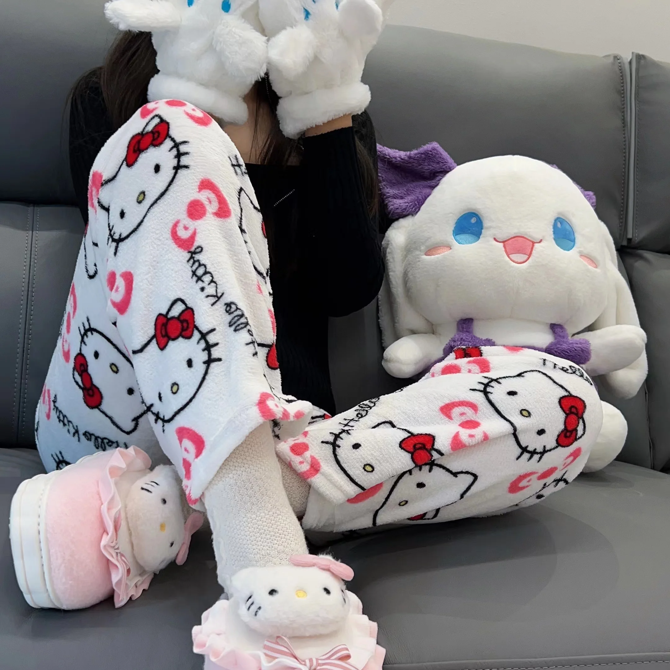 귀여운 산리오 만화 파자마 애니메이션 헬로 키티 바지, 멀티 컬러 플란넬, 여성 캐주얼 홈 패션 바지, 소녀 의류 선물