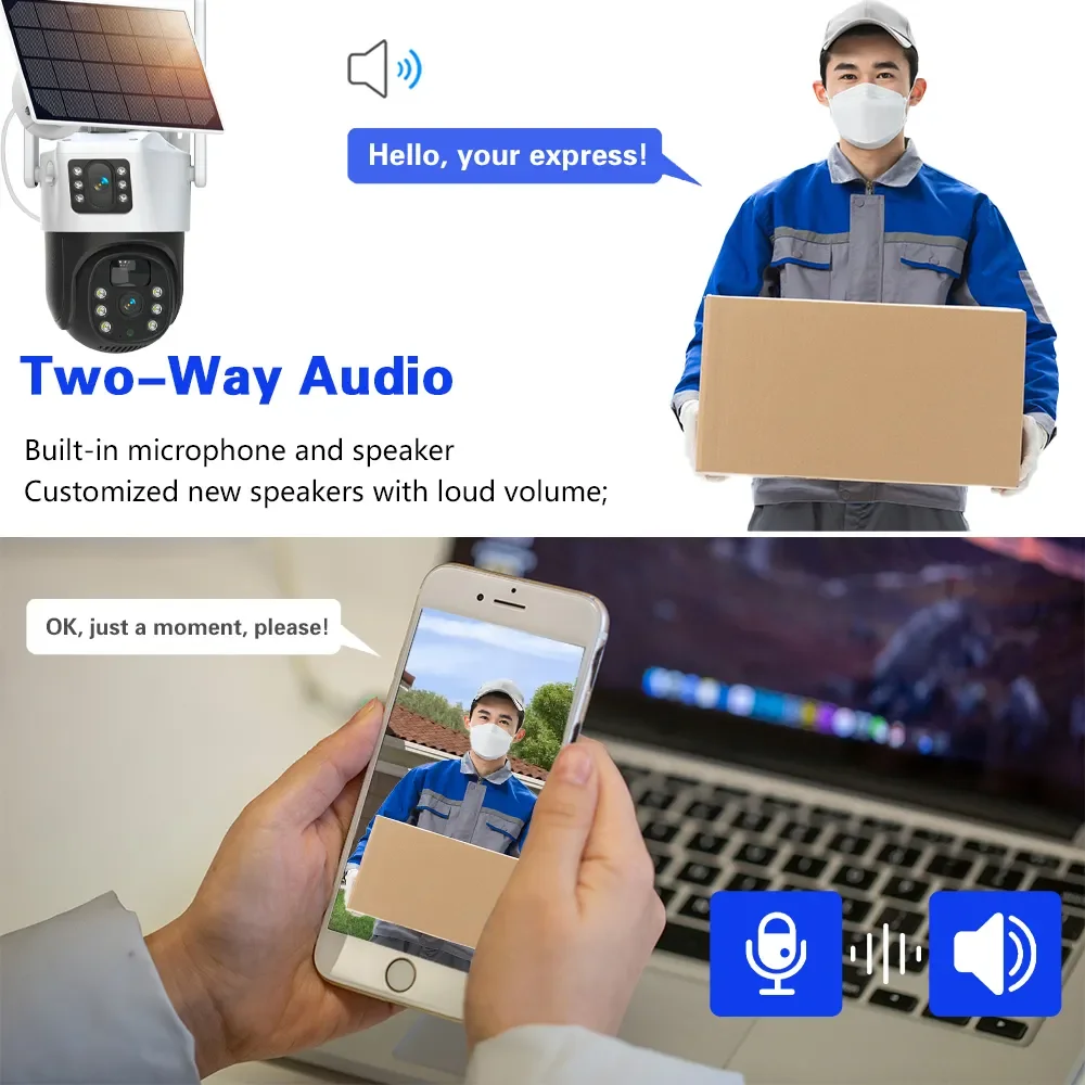 듀얼 렌즈 태양광 카메라, 무선 감시 PTZ 배터리 카메라, 컬러 나이트 비전, PIR 감지 2 오디오, V380, 4K, 4G SIM 카드, 8MP