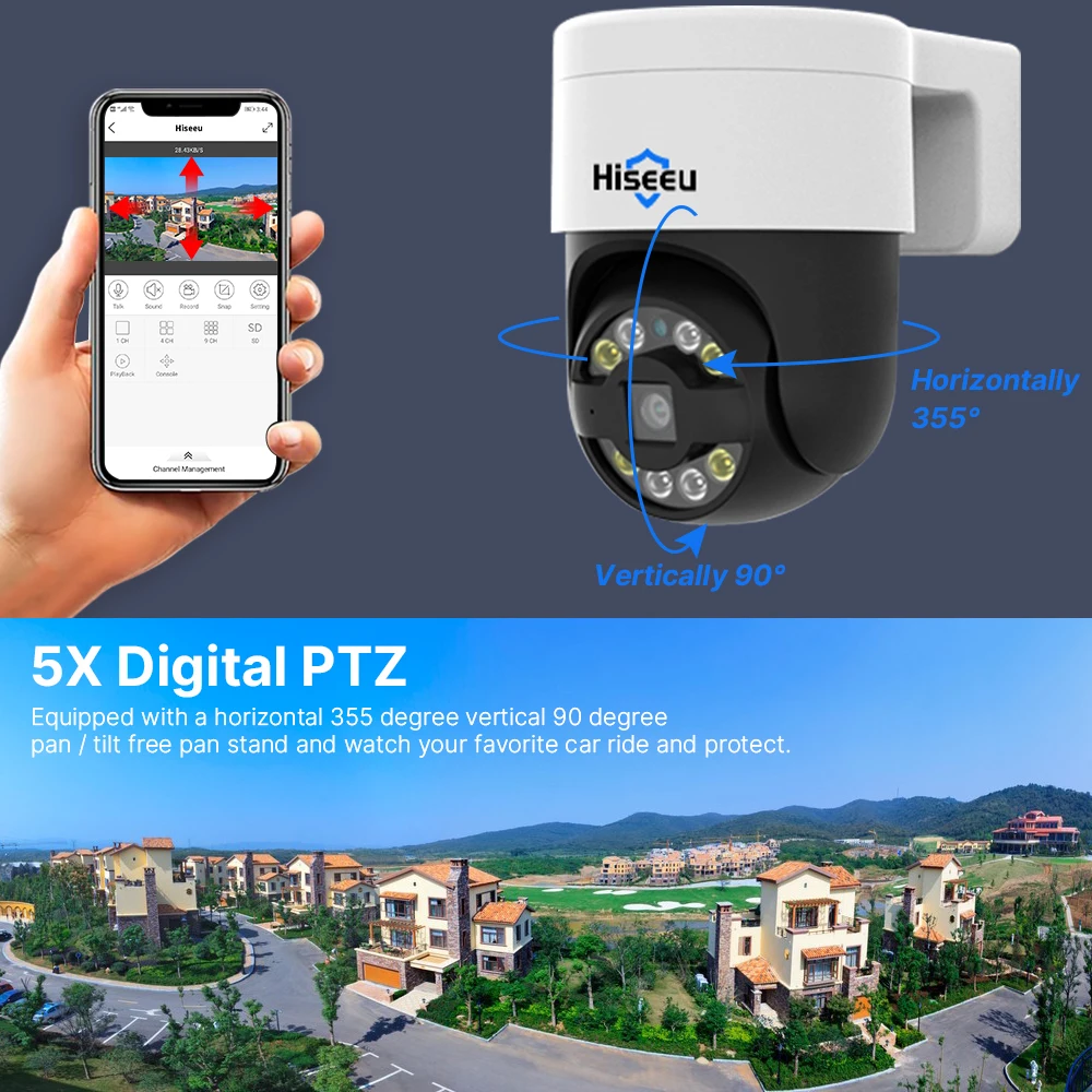 Hiseeu 컬러 나이트 비전 얼굴 감지 오디오, 8MP 4K POE PTZ IP 카메라, 야외 H.265 Onvif AI 스트리트 홈 보안 CCTV 카메라