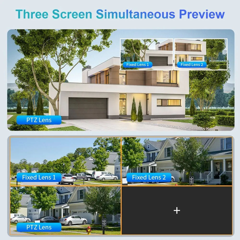 LS VISION 8K 야외 무선 와이파이 보안 카메라 10X 광학 줌 자동 추적 6K PTZ 4 렌즈 3 화면 IP CCTV 캠 방수