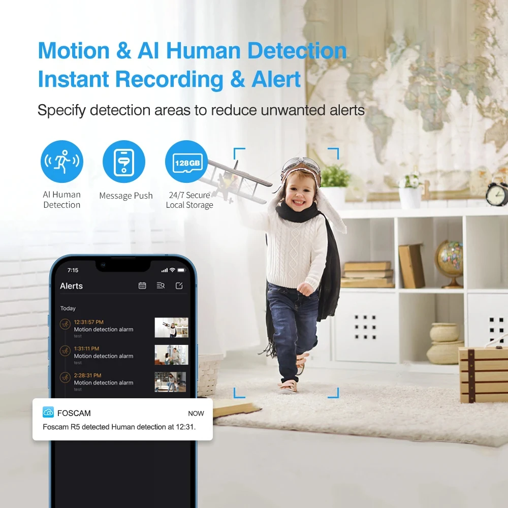 Foscam 와이파이 카메라 팬 및 틸트 양방향 오디오 베이비 모니터, 실내 캠, AI 감지 홈 비디오 감시 카메라, 5MP