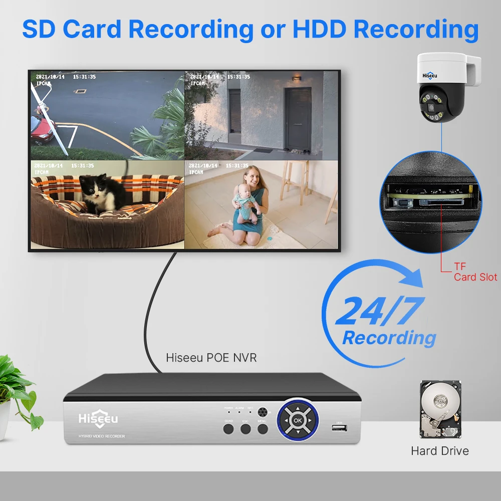 Hiseeu 컬러 나이트 비전 얼굴 감지 오디오, 8MP 4K POE PTZ IP 카메라, 야외 H.265 Onvif AI 스트리트 홈 보안 CCTV 카메라