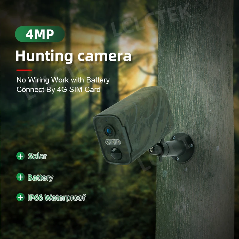 LCLCTEK 모바일 앱 트레일 사냥 배터리 구동 카메라, PIR 감지, 야외 IP66 무선 보안 CCTV 카메라, 4G SIM 카드, 4MP