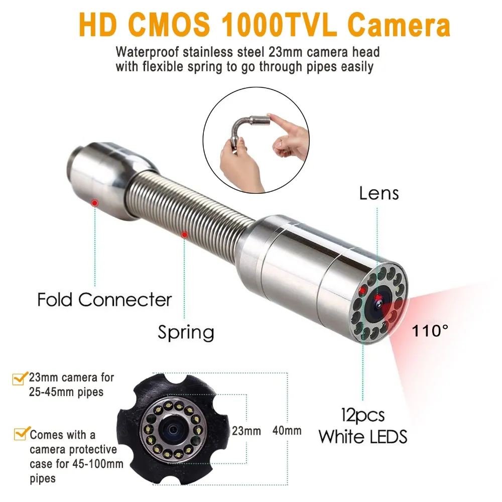 SYANSPAN 산업용 파이프 검사 카메라, DVR, WiFi, 20 m, 30 m, 50 m, 100m, 7 인치, 9 인치 모니터, HD 1000TVL 방수, IP68 배수 하수구 내시경