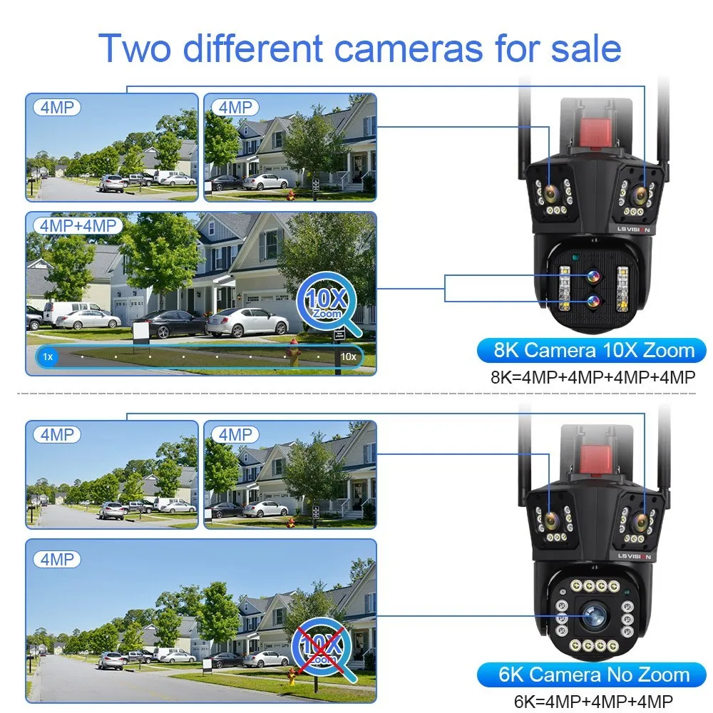 LS VISION 8K 야외 무선 와이파이 보안 카메라 10X 광학 줌 자동 추적 6K PTZ 4 렌즈 3 화면 IP CCTV 캠 방수