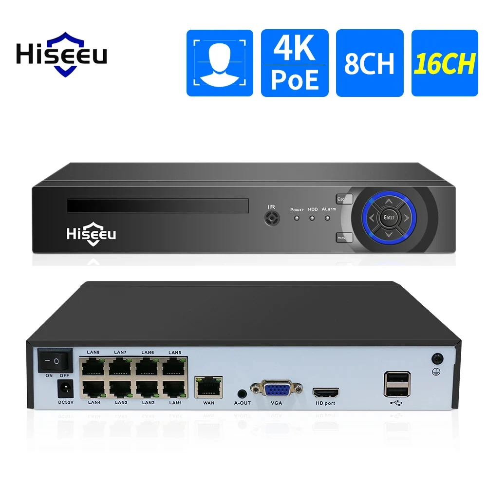 Hiseeu IP 보안 감시 카메라 CCTV 시스템용 POE NVR, 4K, 8CH, 16CH, H.265 +, 5MP, 8MP, 오디오 비디오 녹음기, 얼굴 감지 title=Hiseeu IP 보안 감시 카메라 CCTV 시스템용 POE NVR, 4K, 8CH, 16CH, H.265 +, 5MP, 8MP, 오디오 비디오 녹음기, 얼굴 감지 