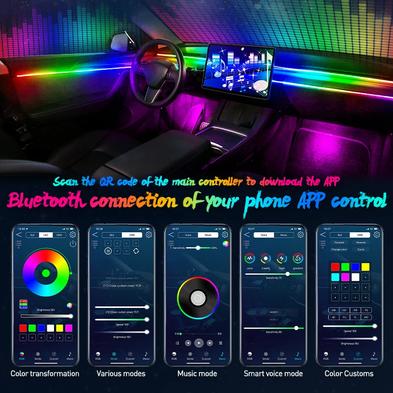 풀 컬러 스트리머 자동차 주변 조명, RGB 64 색 범용 LED 인테리어 숨겨진 아크릴 스트립, 심포니 분위기 램프, 18 in 1