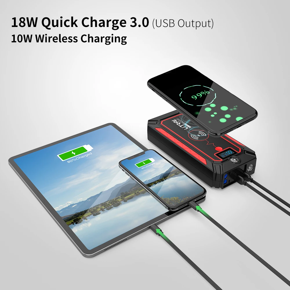 UTRAI 2500A 점프 스타터 보조베터리 배터리 휴대용 충전기 10 와트 무선 충전 LCD 화면 안전 망치 자동차 시작 장치