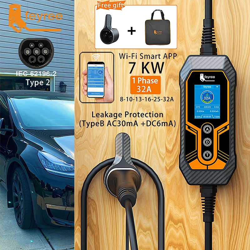 Feyree 휴대용 EV 충전기 타입 2, 32A, 7KW, EVSE, 와이파이 앱 제어, 조정 가능한 전류, 스마트 타이밍 충전, 가정 및 야외용 title=Feyree 휴대용 EV 충전기 타입 2, 32A, 7KW, EVSE, 와이파이 앱 제어, 조정 가능한 전류, 스마트 타이밍 충전, 가정 및 야외용 