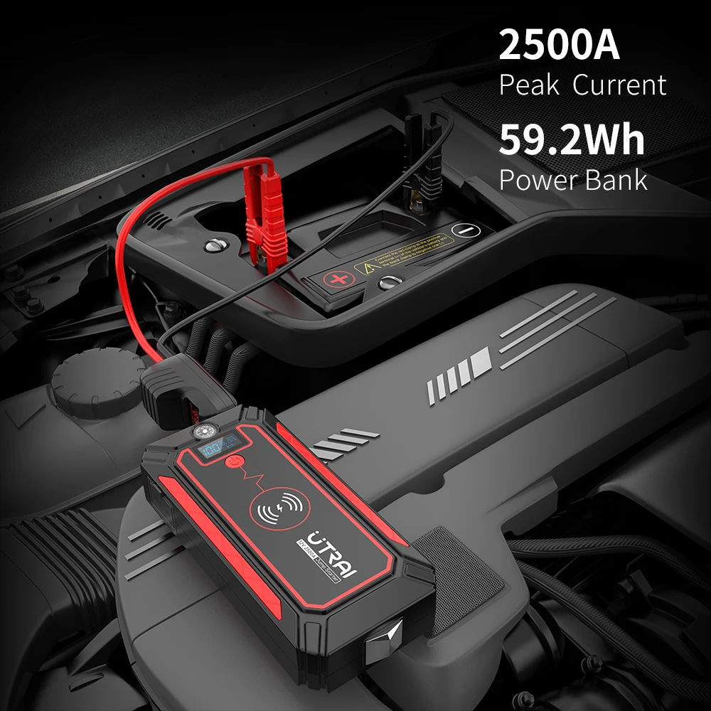 UTRAI 2500A 점프 스타터 보조베터리 배터리 휴대용 충전기 10 와트 무선 충전 LCD 화면 안전 망치 자동차 시작 장치