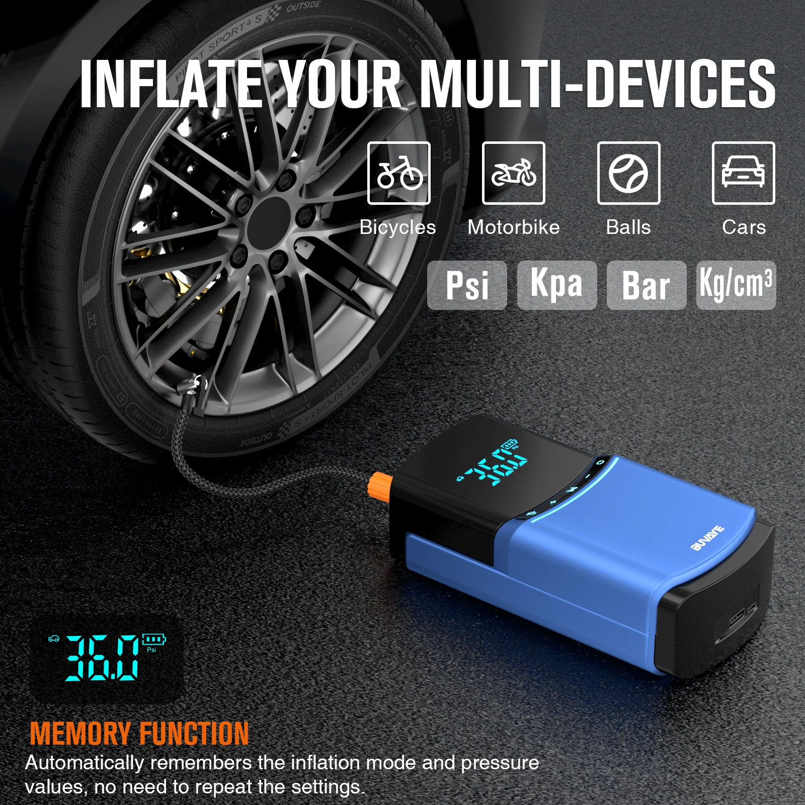 BUVAYE 자동차 점프 스타터 에어 펌프, 4 인 1, 150PSI, 공기 압축기, 10400mAh 피크 전류, 1000A 스타터 장치, 디지털 타이어 공기 주입