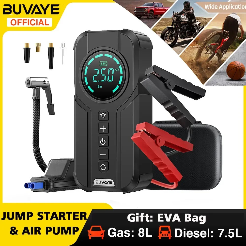 BUVAYE 차량용 휴대용 배터리 스타터, 자동차 점프 스타터, 에어 펌프, 에어 컴프레서, 다기능 타이어 팽창기, EVA 가방 포함 title=BUVAYE 차량용 휴대용 배터리 스타터, 자동차 점프 스타터, 에어 펌프, 에어 컴프레서, 다기능 타이어 팽창기, EVA 가방 포함 