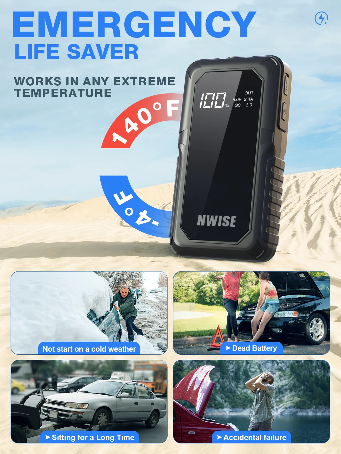 NWISE 휴대용 자동차 보조 배터리 점프 스타터, 비상 스타터, 자동차 배터리 충전기 부스터, 12V 시동 장치, 2000A