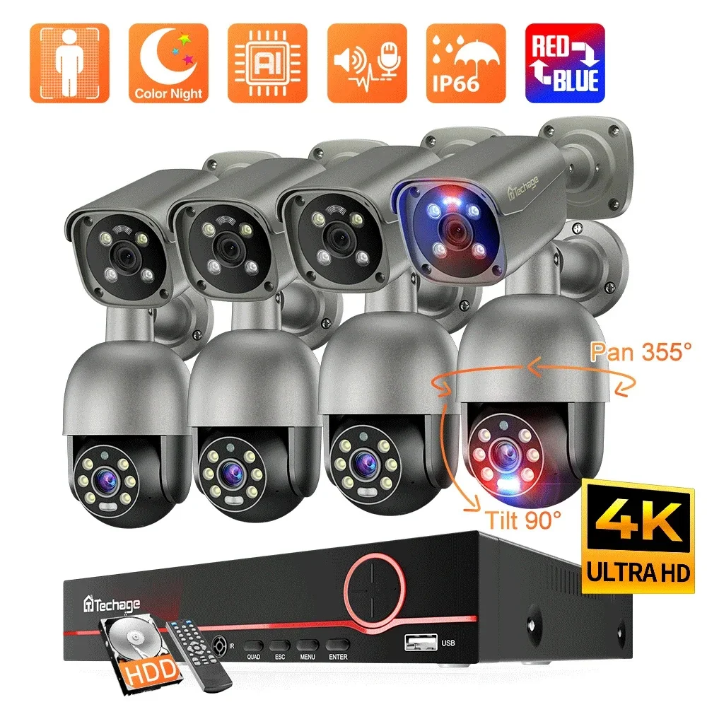 Techage 야간 투시경 보안 카메라 키트, 스마트 AI 감지, 이메일 경고, 야외 홈 CCTV 비디오 감시 카메라 시스템, 4K 8MP title=Techage 야간 투시경 보안 카메라 키트, 스마트 AI 감지, 이메일 경고, 야외 홈 CCTV 비디오 감시 카메라 시스템, 4K 8MP 