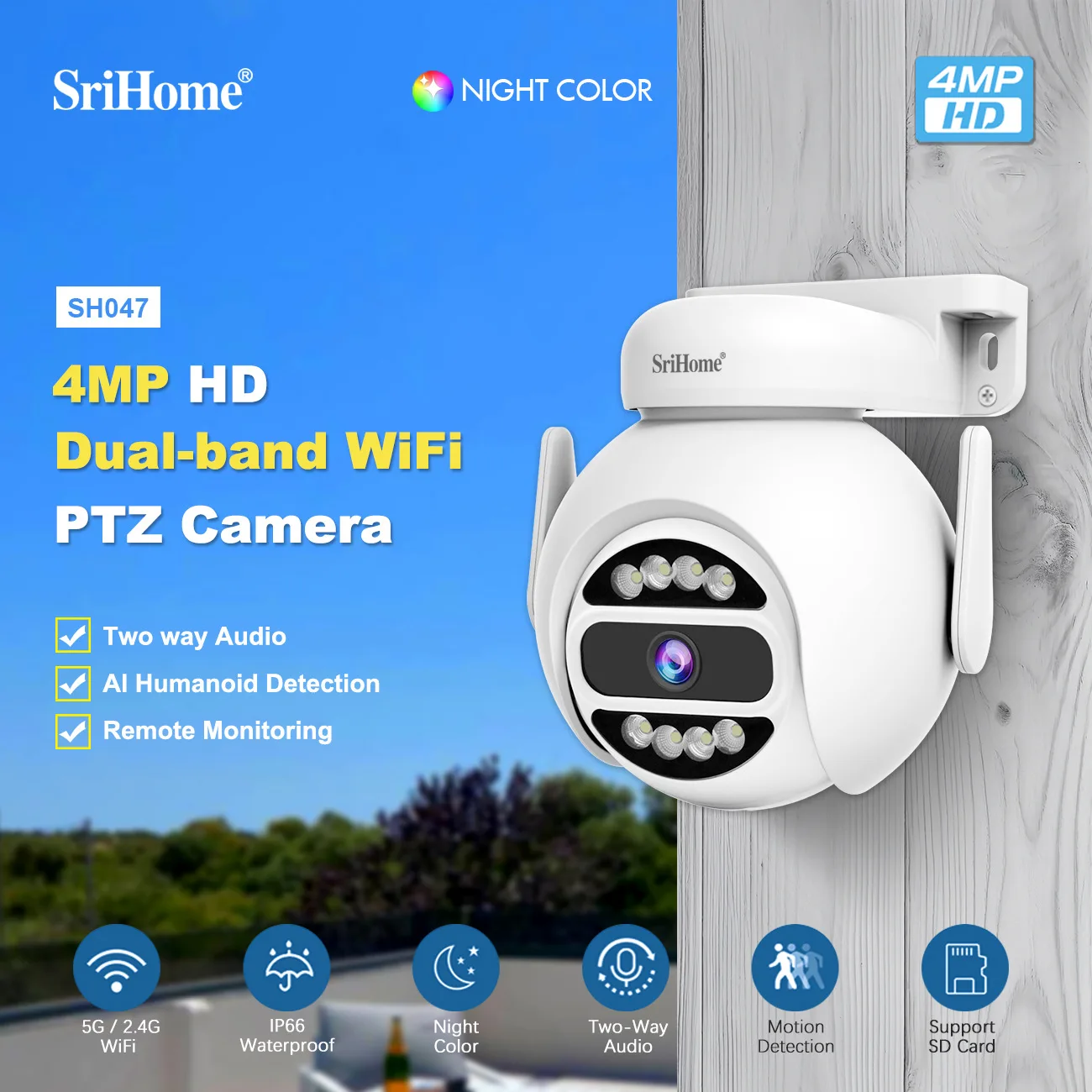 SriHome 이중 주파수 감시 카메라, 이중 광원, 풀 컬러 야간 투시경, PTZ IP 카메라, 보안 캠, SH047, 4MP title=SriHome 이중 주파수 감시 카메라, 이중 광원, 풀 컬러 야간 투시경, PTZ IP 카메라, 보안 캠, SH047, 4MP 