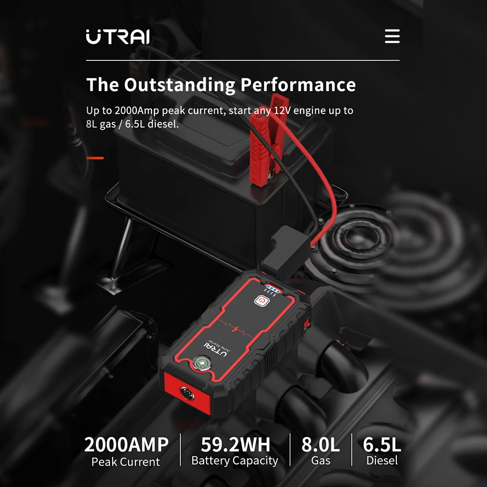 UTRAI 점프 스타터 보조베터리 휴대용 충전기 시동 장치, 2000A, 8.0L, 6.0L 긴급 자동차 배터리 점프 스타터