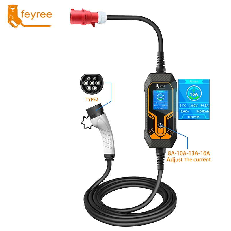 Feyree EV 휴대용 충전기, 전기 자동차 충전기, CEE 플러그 IEC62196-2, 11KW 16A, 타입 2 EVSE 충전 박스