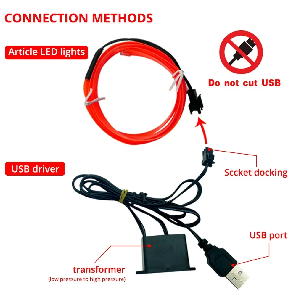 자동차 인테리어 조명 LED 스트립, 자동 장식 와이어 로프 튜브 라인, 유연한 네온 조명, USB 드라이브 분위기, 1m, 2m, 3m, 5m